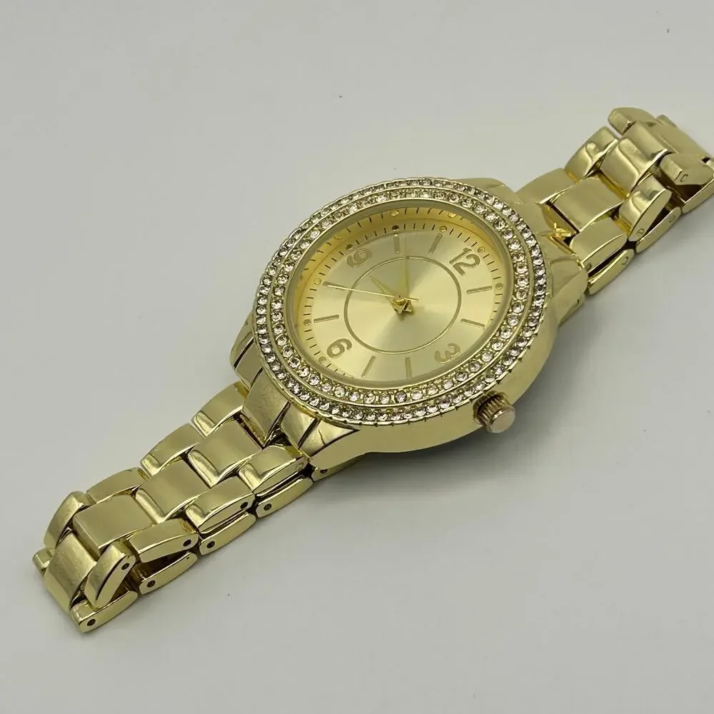 Women’s Gold-tone Crystal Accented Bezel Fashion Watch Working New Battery